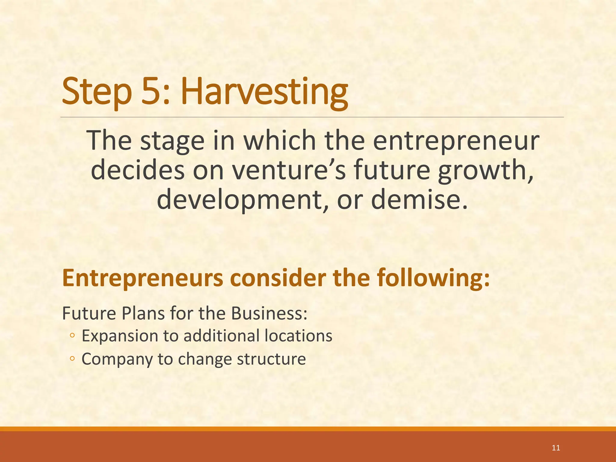 Step 5: Harvesting
The stage in which the entrepreneur
decides on venture’s future growth,
development, or demise.
Entrepreneurs consider the following:
Future Plans for the Business:
◦ Expansion to additional locations
◦ Company to change structure
11
 