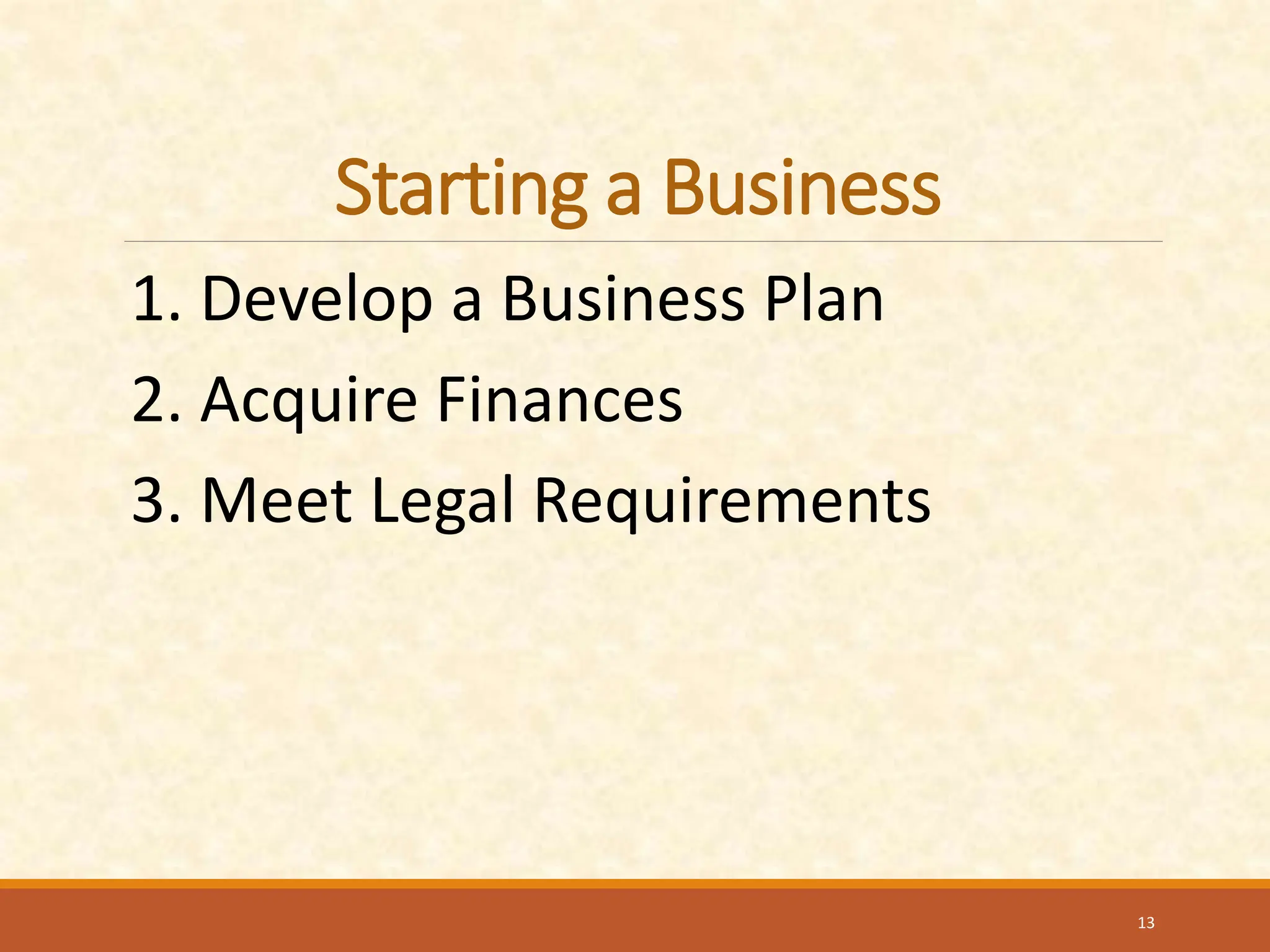 Starting a Business
1. Develop a Business Plan
2. Acquire Finances
3. Meet Legal Requirements
13
 