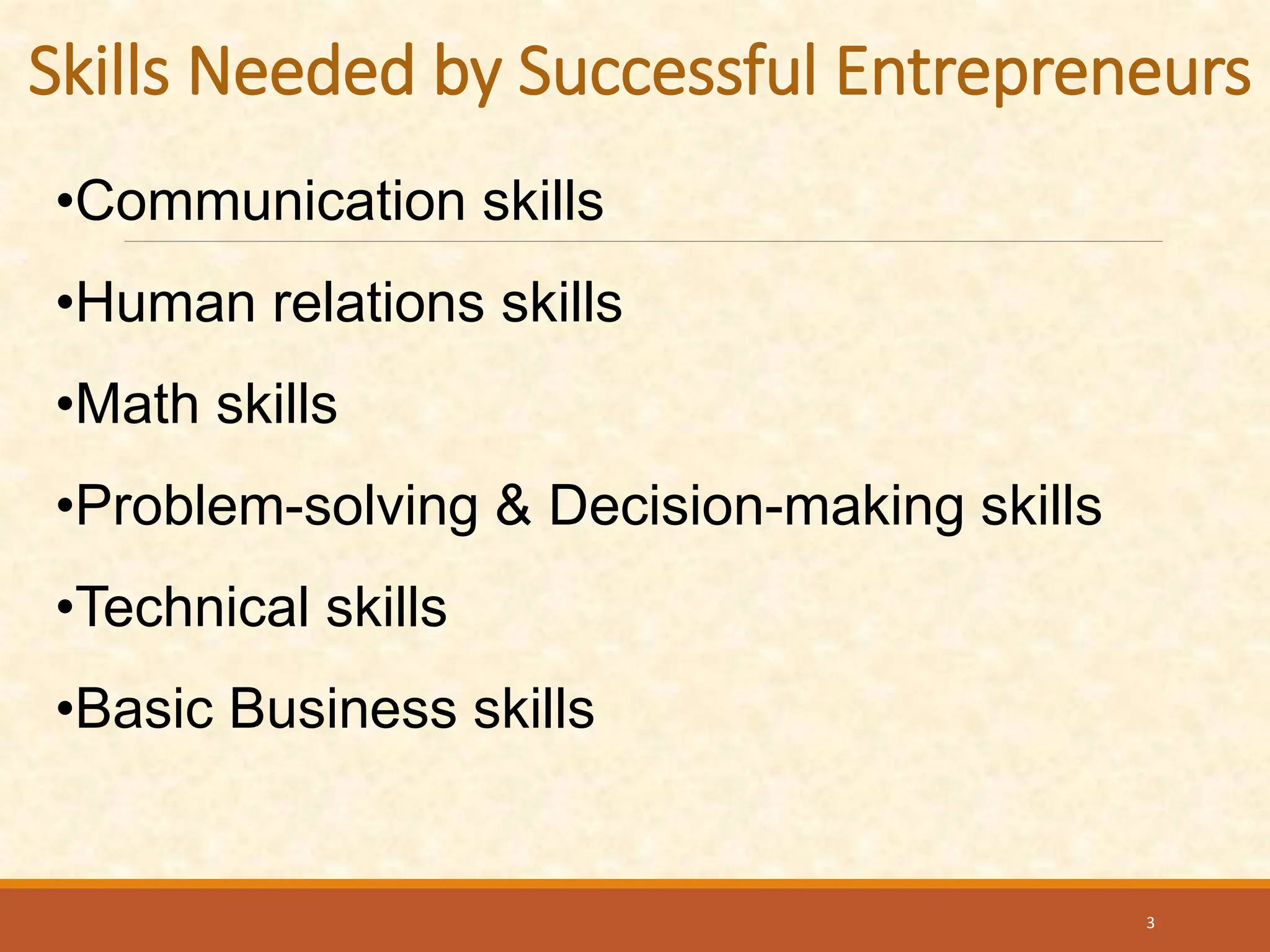 Skills Needed by Successful Entrepreneurs
•Communication skills
•Human relations skills
•Math skills
•Problem-solving & Decision-making skills
•Technical skills
•Basic Business skills
3
 