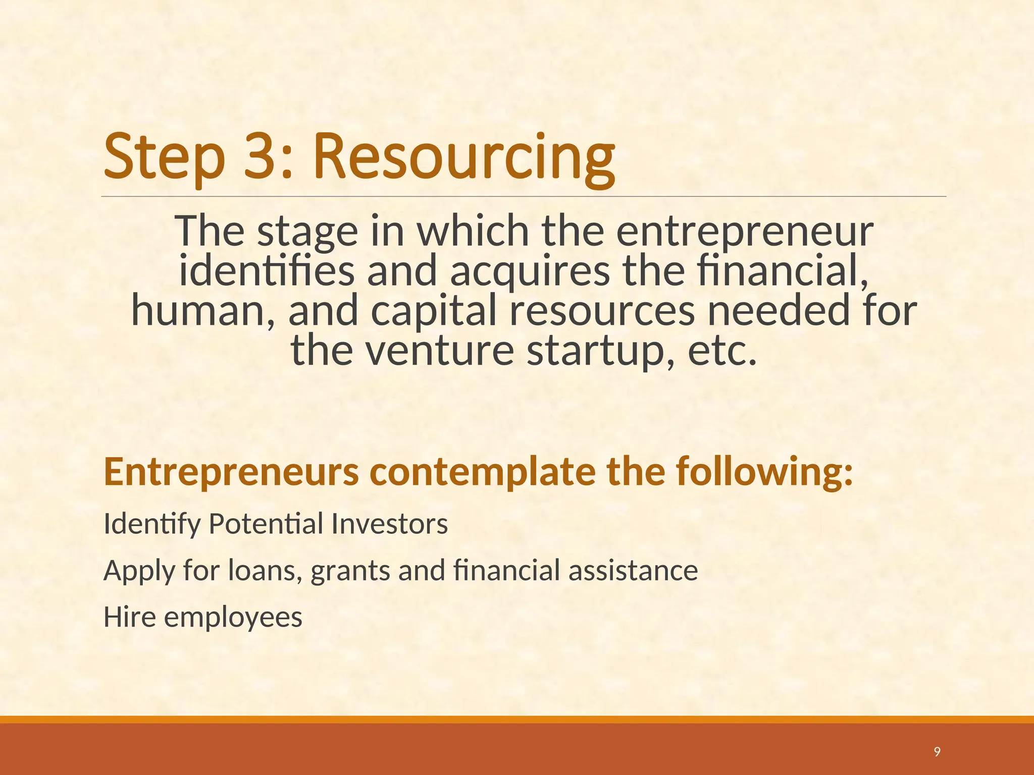 Step 3: Resourcing
The stage in which the entrepreneur
identifies and acquires the financial,
human, and capital resources needed for
the venture startup, etc.
Entrepreneurs contemplate the following:
Identify Potential Investors
Apply for loans, grants and financial assistance
Hire employees
9
 