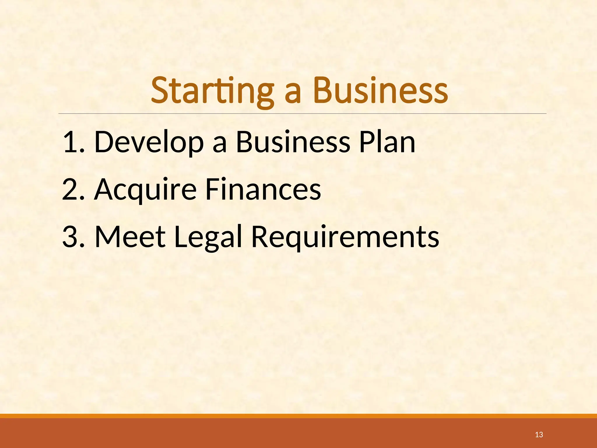 Starting a Business
1. Develop a Business Plan
2. Acquire Finances
3. Meet Legal Requirements
13
 