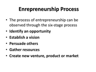 Enrepreneurship Process
• The process of entrepreneurship can be
observed through the six-stage process
• Identify an oppo...