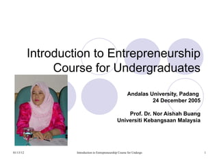 Introduction to Entrepreneurship Course for Undergraduates Andalas University, Padang  24 December 2005 Prof. Dr. Nor Aishah Buang Universiti Kebangsaan Malaysia 