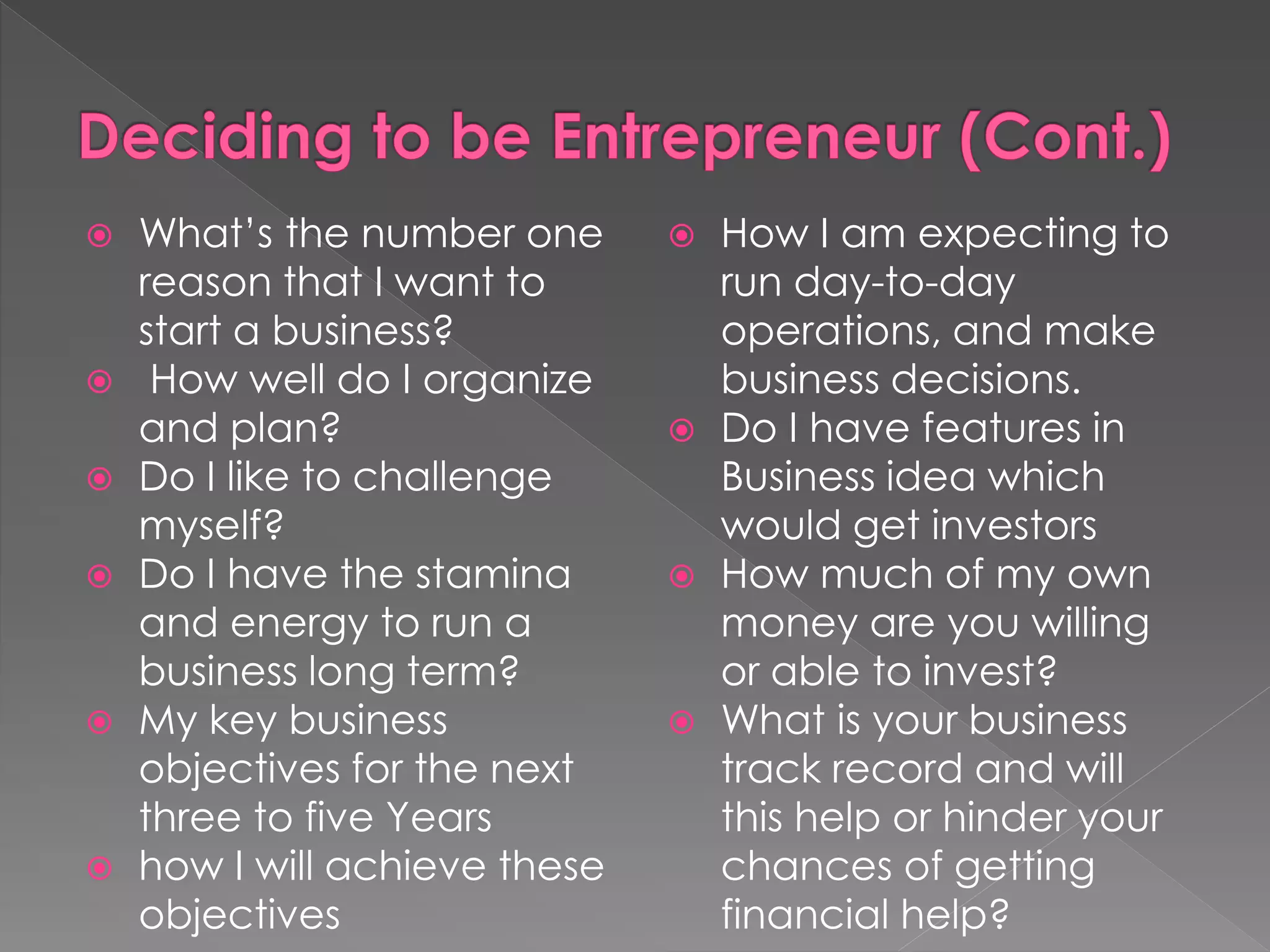  What’s the number one
reason that I want to
start a business?
 How well do I organize
and plan?
 Do I like to challenge
myself?
 Do I have the stamina
and energy to run a
business long term?
 My key business
objectives for the next
three to five Years
 how I will achieve these
objectives
 How I am expecting to
run day-to-day
operations, and make
business decisions.
 Do I have features in
Business idea which
would get investors
 How much of my own
money are you willing
or able to invest?
 What is your business
track record and will
this help or hinder your
chances of getting
financial help?
 