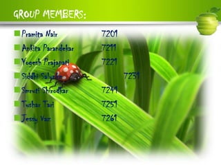 GROUP MEMBERS:
Pramita Nair        7201
Ankita Parandekar   7211
Yogesh Prajapati    7221
Siddhi Salunke             7231
Smruti Shirodkar    7241
Tushar Tari         7251
Jessy Vaz           7261
 
