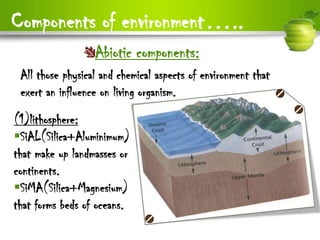 Components of environment…..
                  Abiotic components:
 All those physical and chemical aspects of environment that
 exert an influence on living organism.
(1)lithosphere:
SiAL(Silica+Aluminimum)
that make up landmasses or
continents.
SiMA(Silica+Magnesium)
that forms beds of oceans.
 