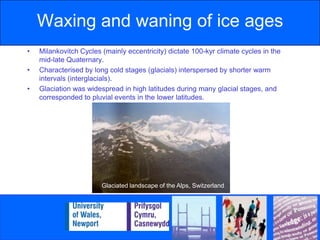 Waxing and waning of ice agesMilankovitch Cycles (mainly eccentricity) dictate 100-kyr climate cycles in the mid-late Quaternary.Characterised by long cold stages (glacials) interspersed by shorter warm intervals (interglacials).Glaciation was widespread in high latitudes during many glacial stages, and corresponded to pluvial events in the lower latitudes.Glaciated landscape of the Alps, Switzerland