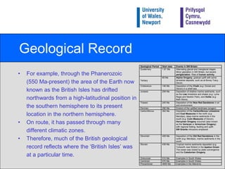 Geological RecordFor example, through the Phanerozoic	(550 Ma-present) the area of the Earth now	known as the British Isles has drifted 	northwards from a high-latitudinal position in	the southern hemisphere to its present 	location in the northern hemisphere.On route, it has passed through many 	different climatic zones.Therefore, much of the British geological 	record reflects where the ‘British Isles’ was 	at a particular time.