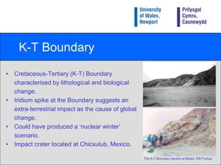 K-T BoundaryCretaceous-Tertiary (K-T) Boundary 	characterised by lithological and biological	change.Iridium spike at the Boundary suggests an	extra-terrestrial impact as the cause of global	change.Could have produced a ‘nuclear winter’ 	scenario.Impact crater located at Chicxulub, Mexico. The K-T Boundary section at Bidart, SW France