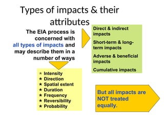 Types of impacts & their
attributes Direct & indirect
impacts
Short-term & long-
term impacts
Adverse & beneficial
impacts
Cumulative impacts
The EIA process is
concerned with
all types of impacts and
may describe them in a
number of ways
 Intensity
 Direction
 Spatial extent
 Duration
 Frequency
 Reversibility
 Probability
But all impacts are
NOT treated
equally.
 