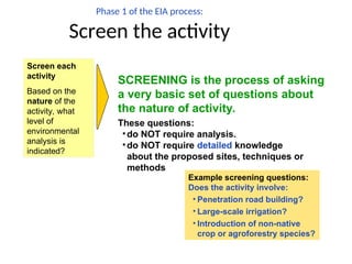 Phase 1 of the EIA process:
Screen the activity
Screen each
activity
Based on the
nature of the
activity, what
level of
environmental
analysis is
indicated?
SCREENING is the process of asking
a very basic set of questions about
the nature of activity.
These questions:
•do NOT require analysis.
•do NOT require detailed knowledge
about the proposed sites, techniques or
methods
Example screening questions:
Does the activity involve:
• Penetration road building?
• Large-scale irrigation?
• Introduction of non-native
crop or agroforestry species?
 