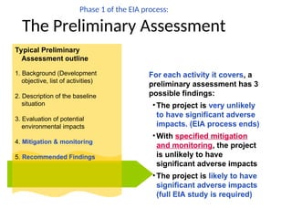 Phase 1 of the EIA process:
The Preliminary Assessment
Typical Preliminary
Assessment outline
1. Background (Development
objective, list of activities)
2. Description of the baseline
situation
3. Evaluation of potential
environmental impacts
4. Mitigation & monitoring
5. Recommended Findings
For each activity it covers, a
preliminary assessment has 3
possible findings:
•The project is very unlikely
to have significant adverse
impacts. (EIA process ends)
•With specified mitigation
and monitoring, the project
is unlikely to have
significant adverse impacts
•The project is likely to have
significant adverse impacts
(full EIA study is required)
 
