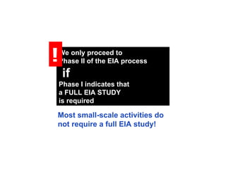 We only proceed to
Phase II of the EIA process
if
Phase I indicates that
a FULL EIA STUDY
is required
!
Most small-scale activities do
not require a full EIA study!
 