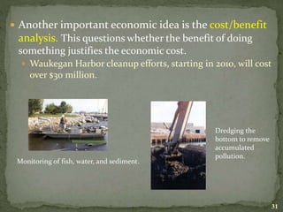  Another important economic idea is the cost/benefit
analysis. This questions whether the benefit of doing
something justifies the economic cost.
 Waukegan Harbor cleanup efforts, starting in 2010, will cost
over $30 million.
Monitoring of fish, water, and sediment.
Dredging the
bottom to remove
accumulated
pollution.
31
 