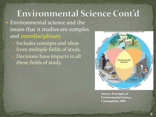  Environmental science and the
issues that it studies are complex
and interdisciplinary.
 Includes concepts and ideas
from multiple fields of study.
 Decisions have impacts in all
these fields of study.
8
Source: Principles of
Environmental Science,
Cunningham, 2005.
 