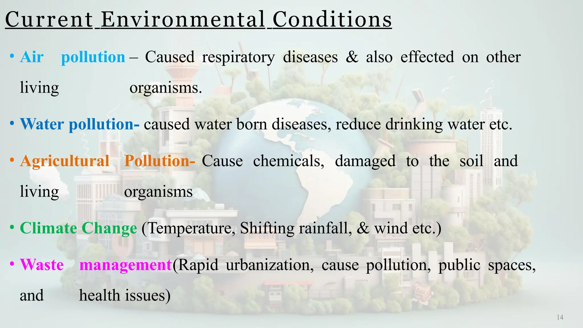Current Environmental Conditions
14
• Air pollution – Caused respiratory diseases & also effected on other
living organisms.
• Water pollution- caused water born diseases, reduce drinking water etc.
• Agricultural Pollution- Cause chemicals, damaged to the soil and
living organisms
• Climate Change (Temperature, Shifting rainfall, & wind etc.)
• Waste management(Rapid urbanization, cause pollution, public spaces,
and health issues)
 