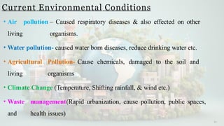 Current Environmental Conditions
14
• Air pollution – Caused respiratory diseases & also effected on other
living organisms.
• Water pollution- caused water born diseases, reduce drinking water etc.
• Agricultural Pollution- Cause chemicals, damaged to the soil and
living organisms
• Climate Change (Temperature, Shifting rainfall, & wind etc.)
• Waste management(Rapid urbanization, cause pollution, public spaces,
and health issues)
 