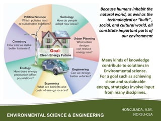 ENVIRONMENTAL SCIENCE & ENGINEERING
HONCULADA, A.M.
NORSU-CEA
Because humans inhabit the
natural world, as well as the
technological or “built” ,
social, and cultural world, all
constitute important parts of
our environment
Many kinds of knowledge
contribute to solutions in
Environmental science.
For a goal such as achieving
clean and sustainable
energy, strategies involve input
from many disciplines.
 