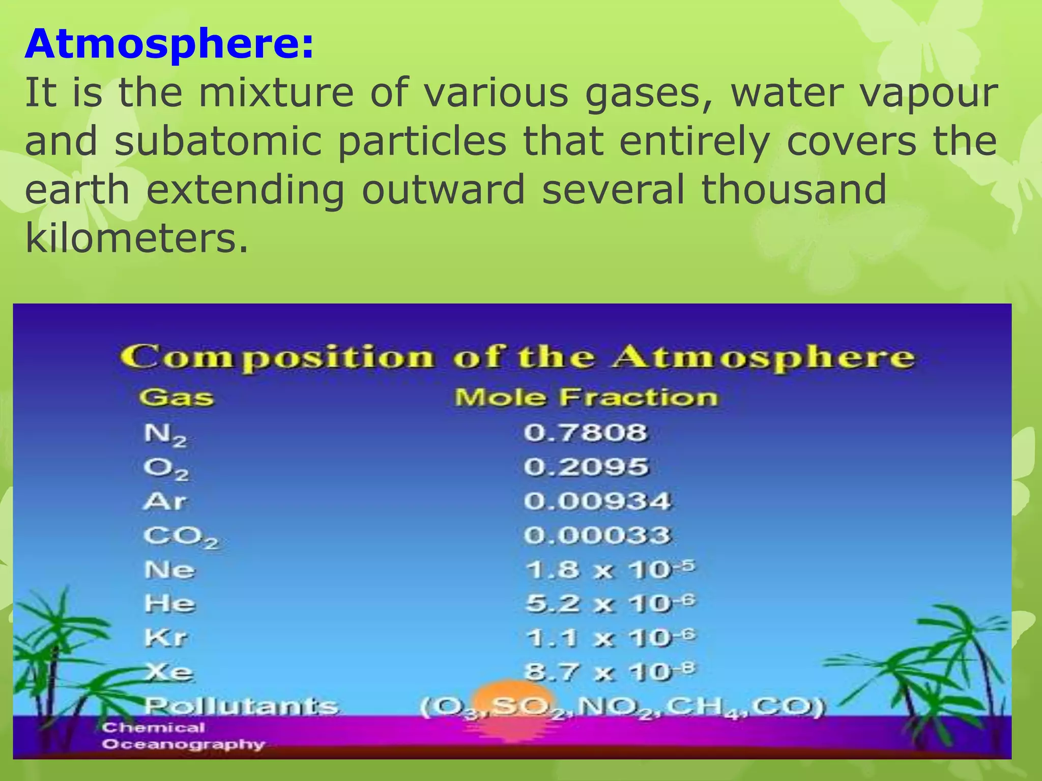 Atmosphere:
It is the mixture of various gases, water vapour
and subatomic particles that entirely covers the
earth extending outward several thousand
kilometers.
 