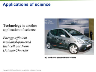 Applications of science Technology  is another application of science. Energy-efficient  methanol-powered  fuel cell car from  DaimlerChrysler 