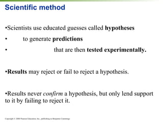 Scientific method Scientists use educated guesses called  hypotheses  to generate  predictions that are then  tested experimentally. Results  may reject or fail to reject a hypothesis. Results never  confirm  a hypothesis, but only lend support to it by failing to reject it. 