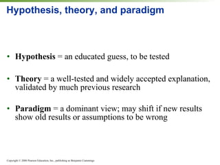 Hypothesis, theory, and paradigm Hypothesis  = an educated guess, to be tested Theory  = a well-tested and widely accepted explanation, validated by much previous research Paradigm  = a dominant view; may shift if new results show old results or assumptions to be wrong 