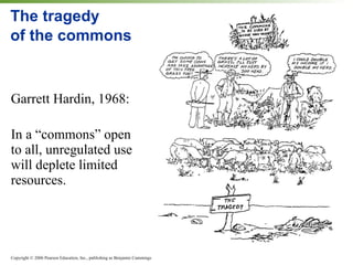 The tragedy of the commons Garrett Hardin, 1968: In a “commons” open to all, unregulated use will deplete limited resources. 