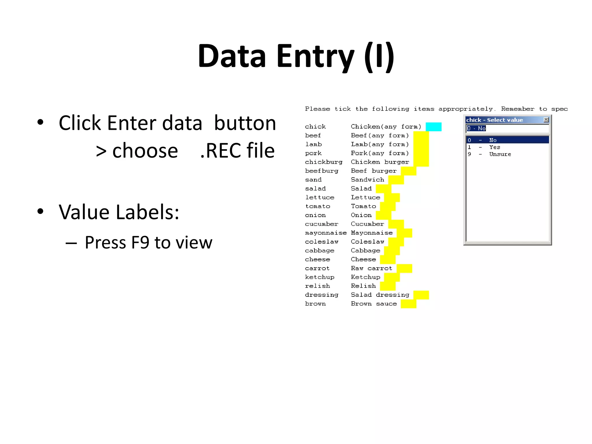 Data Entry (I)
• Click Enter data button
      > choose .REC file

• Value Labels:
   – Press F9 to view
 