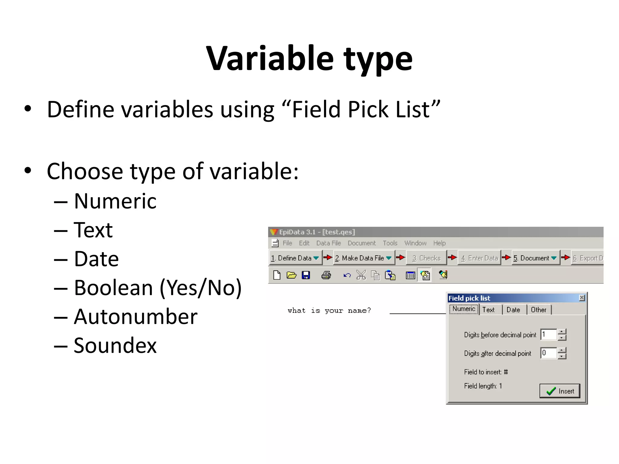 Variable type
• Define variables using “Field Pick List”

• Choose type of variable:
   – Numeric
   – Text
   – Date
   – Boolean (Yes/No)
   – Autonumber
   – Soundex
 