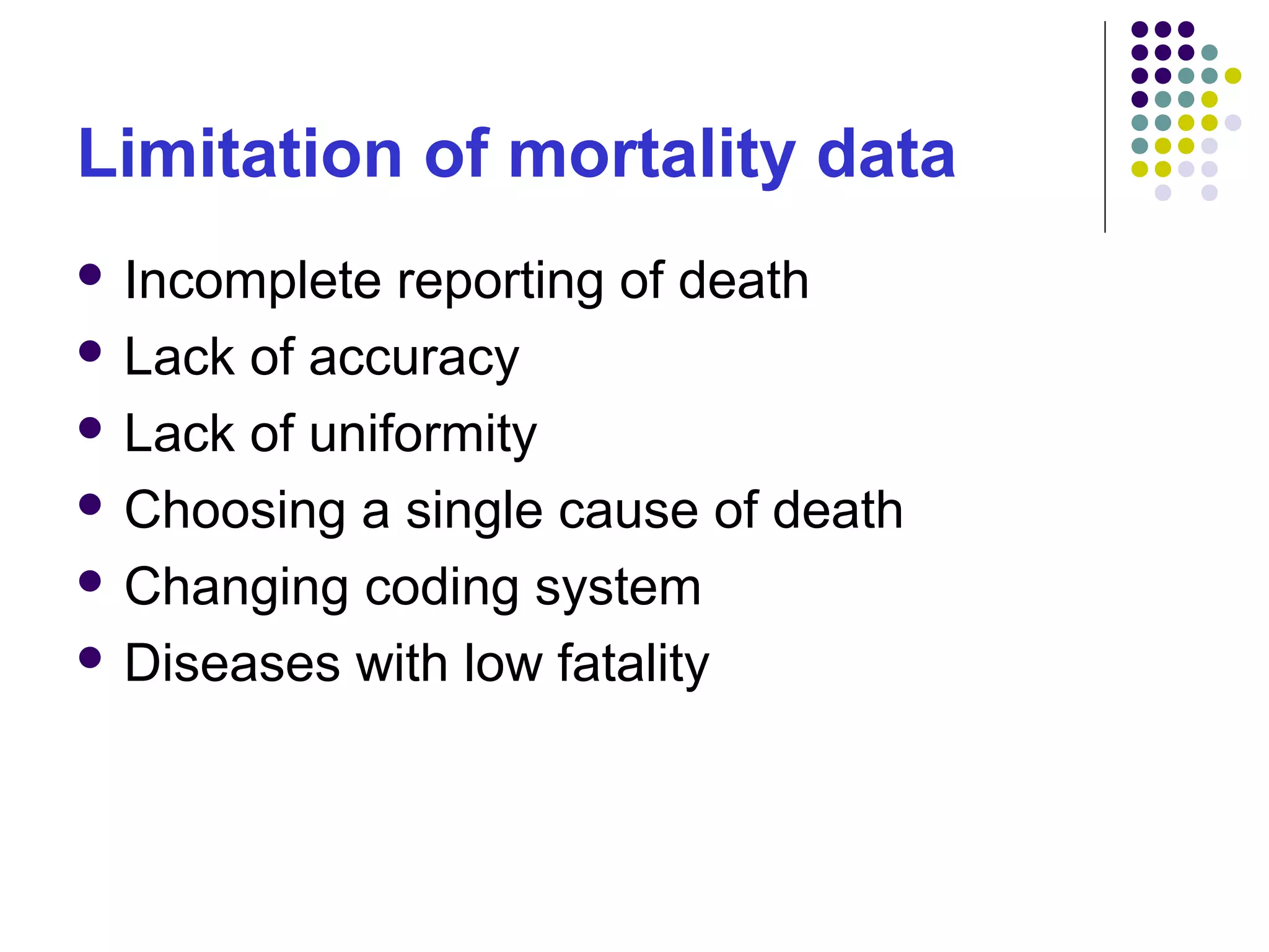 Limitation of mortality data
 Incomplete reporting of death
 Lack of accuracy
 Lack of uniformity
 Choosing a single cause of death
 Changing coding system
 Diseases with low fatality
 