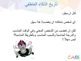 ‫العاطفي‬ ‫الذكاء‬ ‫تاريخ‬
‫ارسطو‬ ‫قال‬:
‫يغضب‬ ‫ان‬ ‫بامكانه‬ ‫شخص‬ ‫اي‬!‫سهل‬ ‫هذا‬
‫المناسب‬ ‫الوقت‬ ‫وفي‬ ‫المعني‬ ‫الشخص‬ ‫من‬ ‫تغضب‬ ‫ان‬ ‫لكن‬
‫المناس‬ ‫وبالطريقة‬ ‫المناسب‬ ‫وللسبب‬ ‫المناسبة‬ ‫والدرجة‬‫بة؟‬
ً‫ال‬‫سه‬ ‫ليس‬!
 