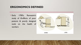 ERGONOMICS DEFINED
• Early 1700’s, Ramazzini’s
study of ill-effects of poor
posture & poorly designed
tools on the health of
workers
 