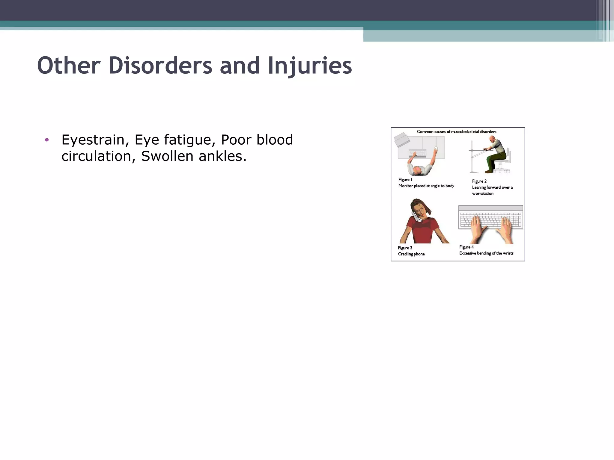Other Disorders and Injuries
• Eyestrain, Eye fatigue, Poor blood
circulation, Swollen ankles.
 