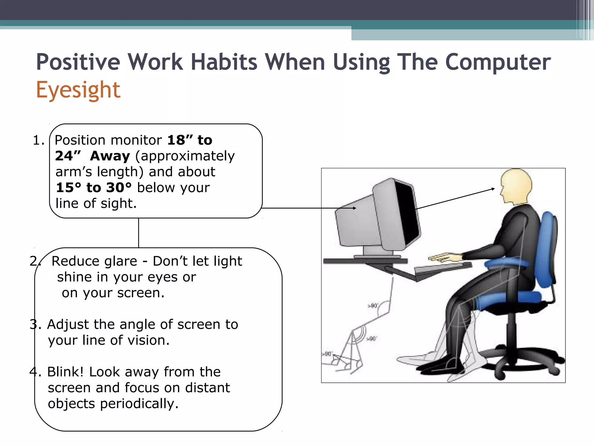Positive Work Habits When Using The Computer
Eyesight
1. Position monitor 18” to
24” Away (approximately
arm’s length) and about
15° to 30° below your
line of sight.
2. Reduce glare - Don’t let light
shine in your eyes or
on your screen.
3. Adjust the angle of screen to
your line of vision.
4. Blink! Look away from the
screen and focus on distant
objects periodically.
 