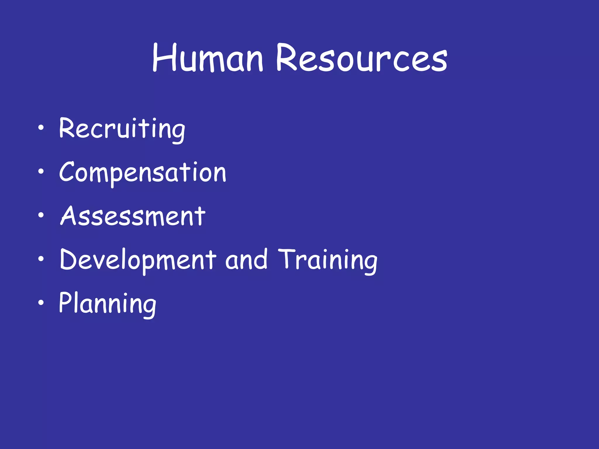 Human Resources Recruiting Compensation Assessment Development and Training Planning 