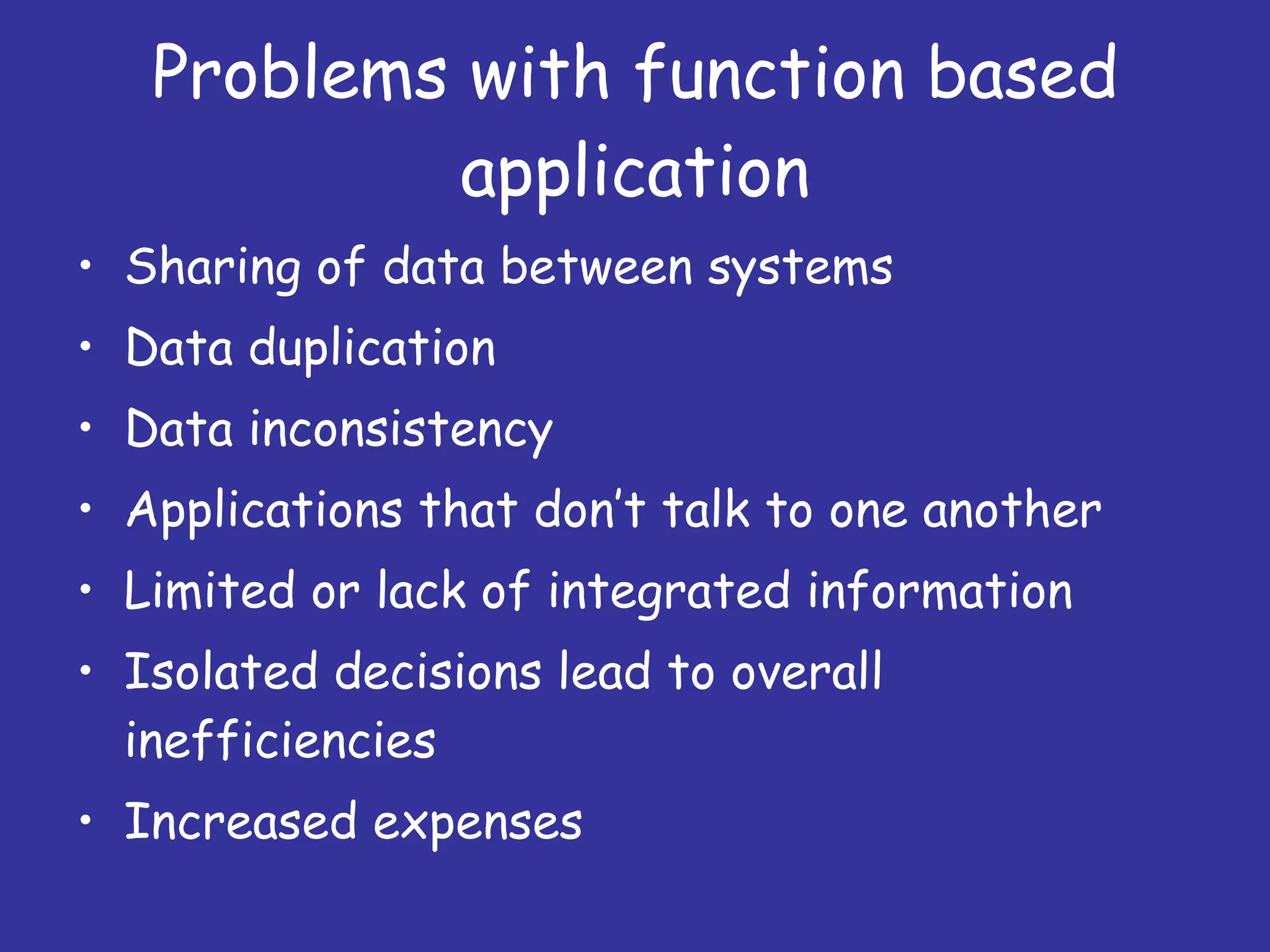 Problems with function based application Sharing of data between systems Data duplication Data inconsistency Applications that don’t talk to one another Limited or lack of integrated information Isolated decisions lead to overall inefficiencies Increased expenses 