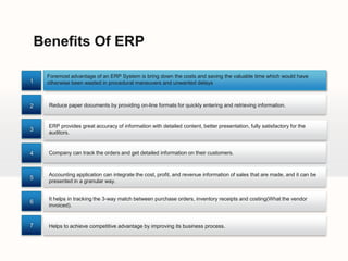 Benefits Of ERP

     Foremost advantage of an ERP System is bring down the costs and saving the valuable time which would have
1    otherwise been wasted in procedural maneuvers and unwanted delays



2     Reduce paper documents by providing on-line formats for quickly entering and retrieving information.


      ERP provides great accuracy of information with detailed content, better presentation, fully satisfactory for the
3
      auditors.


4     Company can track the orders and get detailed information on their customers.



      Accounting application can integrate the cost, profit, and revenue information of sales that are made, and it can be
5
      presented in a granular way.


      It helps in tracking the 3-way match between purchase orders, inventory receipts and costing(What the vendor
6
      invoiced).


7     Helps to achieve competitive advantage by improving its business process.
 