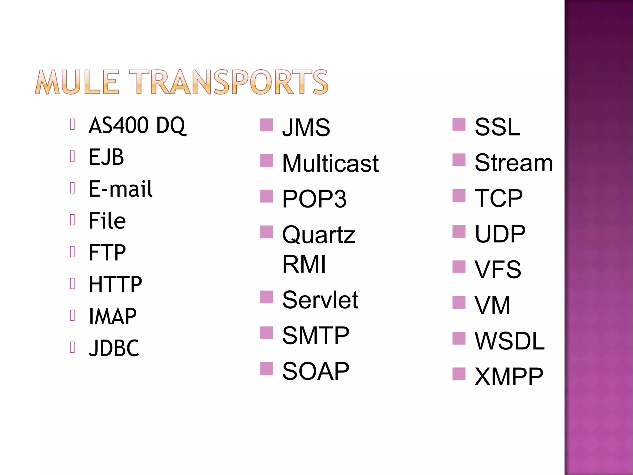  AS400 DQ
 EJB
 E-mail
 File
 FTP
 HTTP
 IMAP
 JDBC
 JMS
 Multicast
 POP3
 Quartz
RMI
 Servlet
 SMTP
 SOAP
 SSL
 Stream
 TCP
 UDP
 VFS
 VM
 WSDL
 XMPP
 