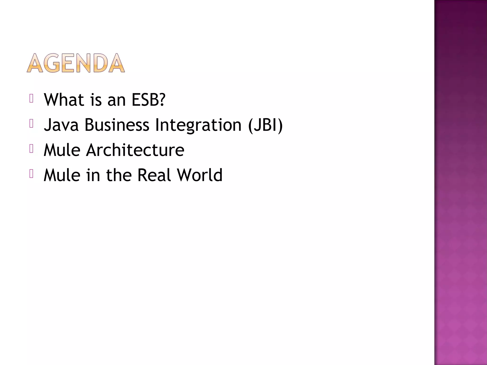 What is an ESB?
 Java Business Integration (JBI)
 Mule Architecture
 Mule in the Real World
 