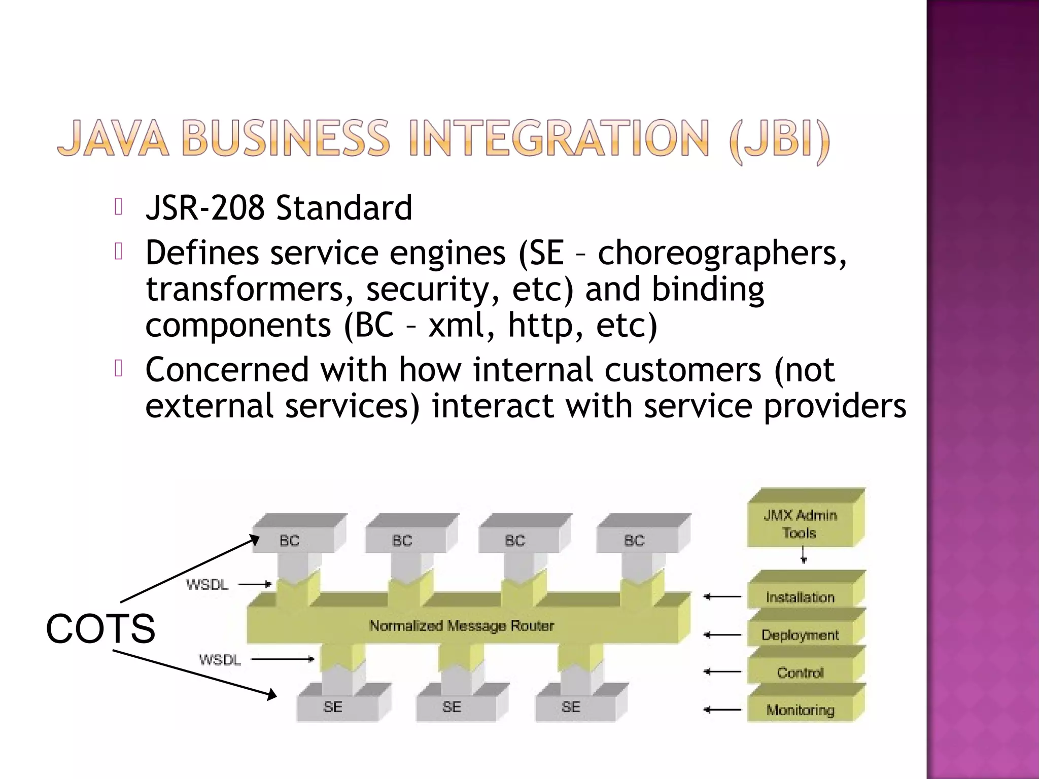  JSR-208 Standard
 Defines service engines (SE – choreographers,
transformers, security, etc) and binding
components (BC – xml, http, etc)
 Concerned with how internal customers (not
external services) interact with service providers
COTS
 