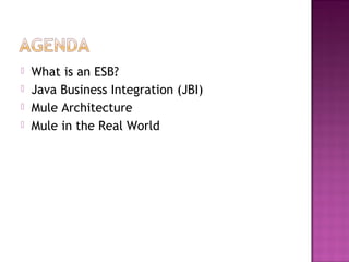  What is an ESB?
 Java Business Integration (JBI)
 Mule Architecture
 Mule in the Real World
 