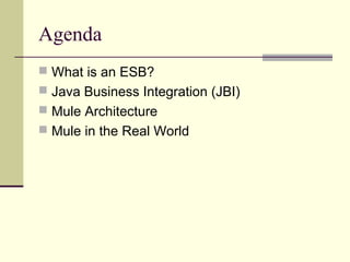 Agenda
 What is an ESB?
 Java Business Integration (JBI)
 Mule Architecture
 Mule in the Real World
 