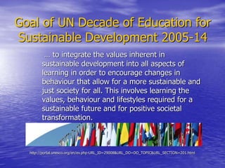 Goal of UN Decade of Education for
Sustainable Development 2005-14
… to integrate the values inherent in
sustainable development into all aspects of
learning in order to encourage changes in
behaviour that allow for a more sustainable and
just society for all. This involves learning the
values, behaviour and lifestyles required for a
sustainable future and for positive societal
transformation.
http://portal.unesco.org/en/ev.php-URL_ID=29008&URL_DO=DO_TOPIC&URL_SECTION=201.html
 
