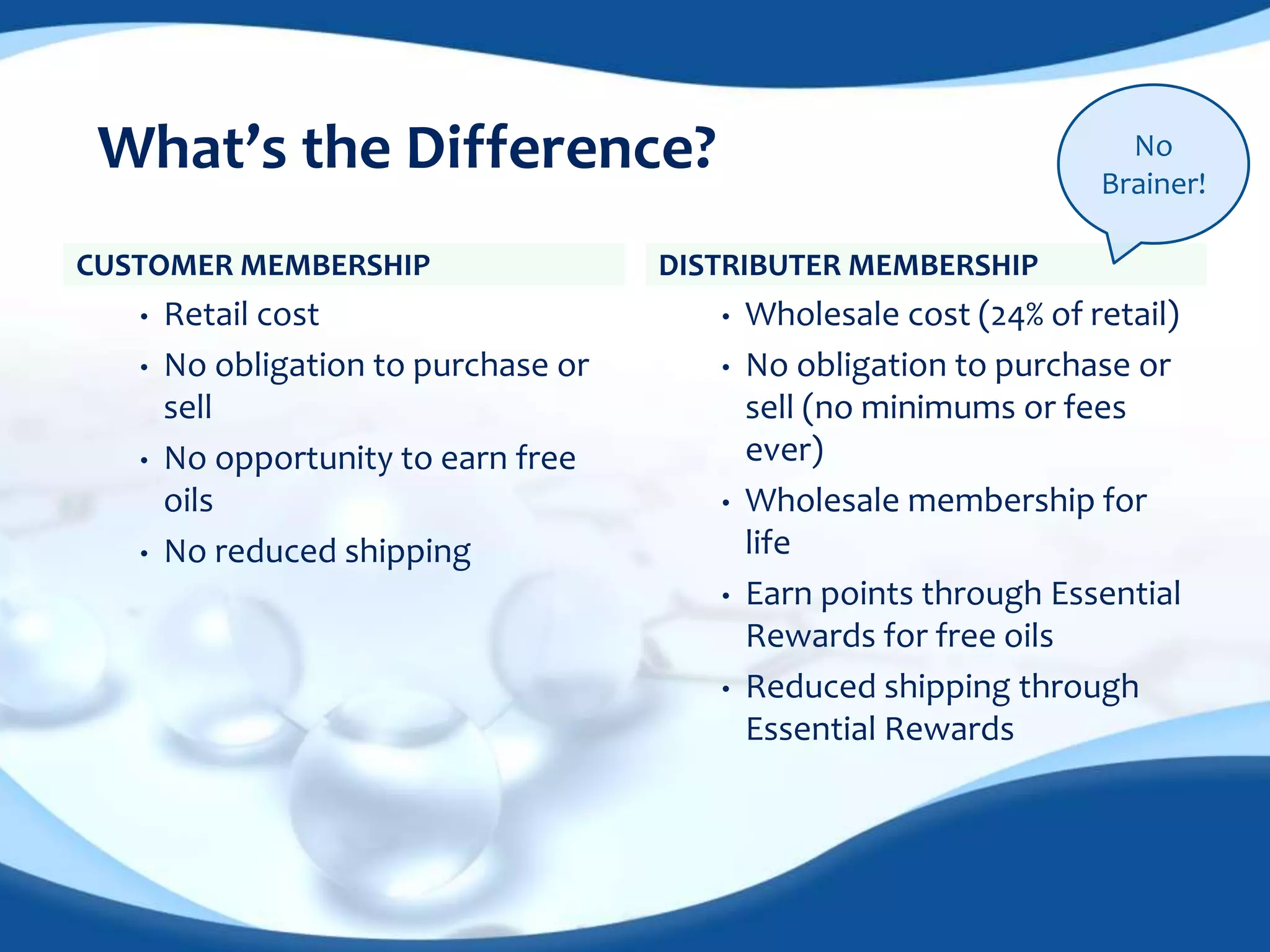 What’s the Difference? No 
CUSTOMER MEMBERSHIP 
• Retail cost 
• No obligation to purchase or 
sell 
• No opportunity to earn free 
oils 
• No reduced shipping 
DISTRIBUTER MEMBERSHIP 
Brainer! 
• Wholesale cost (24% of retail) 
• No obligation to purchase or 
sell (no minimums or fees 
ever) 
• Wholesale membership for 
life 
• Earn points through Essential 
Rewards for free oils 
• Reduced shipping through 
Essential Rewards 
 