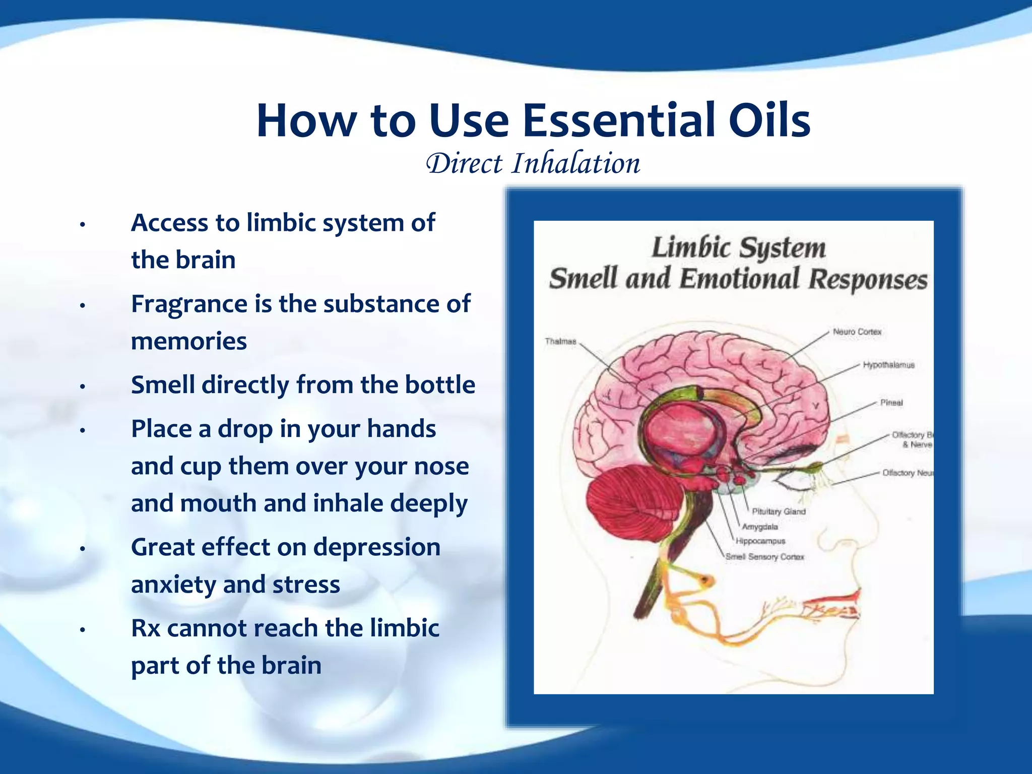 How to Use Essential Oils 
• Access to limbic system of 
the brain 
• Fragrance is the substance of 
memories 
• Smell directly from the bottle 
• Place a drop in your hands 
and cup them over your nose 
and mouth and inhale deeply 
• Great effect on depression 
anxiety and stress 
• Rx cannot reach the limbic 
part of the brain 
Direct Inhalation 
 