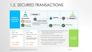 1.5. SECURED TRANSACTIONS
O2O PROTOCOL – BLOCKCHAIN SHARING ECONOMY 4/1/18 7
Wallet &
Transaction
Security
Sender
Private Key
For signatures
Public Key
For addresses
Message
Key Generation
Encryption Algorithm
Public Key
Ciphertext
Receiver
Message
Public Key
• SHA256/SHA160 for crypto. hashing
• Base58/Base58Check encoding for
data compression
Blockchain
Security
Block # 1
Nonce - 16651
Coinbase - $100 -> Anders
Transactions:
NULL
Prev Txn – 000000….
Hash – 000043D….
Block # 2
Nonce - 37284
Coinbase - $100 -> John
Transactions:
$10 from Anders to Sophie
$5 from John to Sophie
Prev Txn – 000043D….
Hash – 0000A5A….
£ Every block identified by hash (SHA 256) value
with Coinbase, Transactions, Previous
transaction as inputs
£ All transactions hashed (Merkle root)
£ All these hashes are Base58 encoded
£ Nonce is a 32 bit field whose value is set so
that hash of a block has run of leading 0s
£ Any alteration in any block will make
subsequent blocks invalid
 