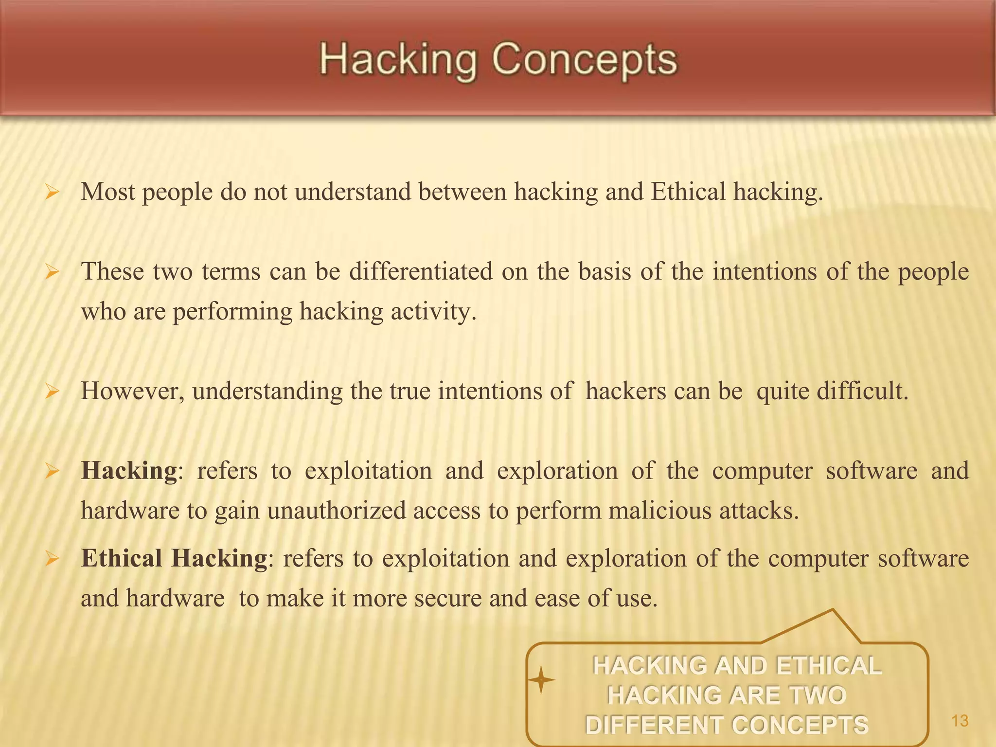 Most people do not understand between hacking and Ethical hacking. 
 These two terms can be differentiated on the basis of the intentions of the people 
who are performing hacking activity. 
 However, understanding the true intentions of hackers can be quite difficult. 
 Hacking: refers to exploitation and exploration of the computer software and 
hardware to gain unauthorized access to perform malicious attacks. 
 Ethical Hacking: refers to exploitation and exploration of the computer software 
and hardware to make it more secure and ease of use. 
13 
 