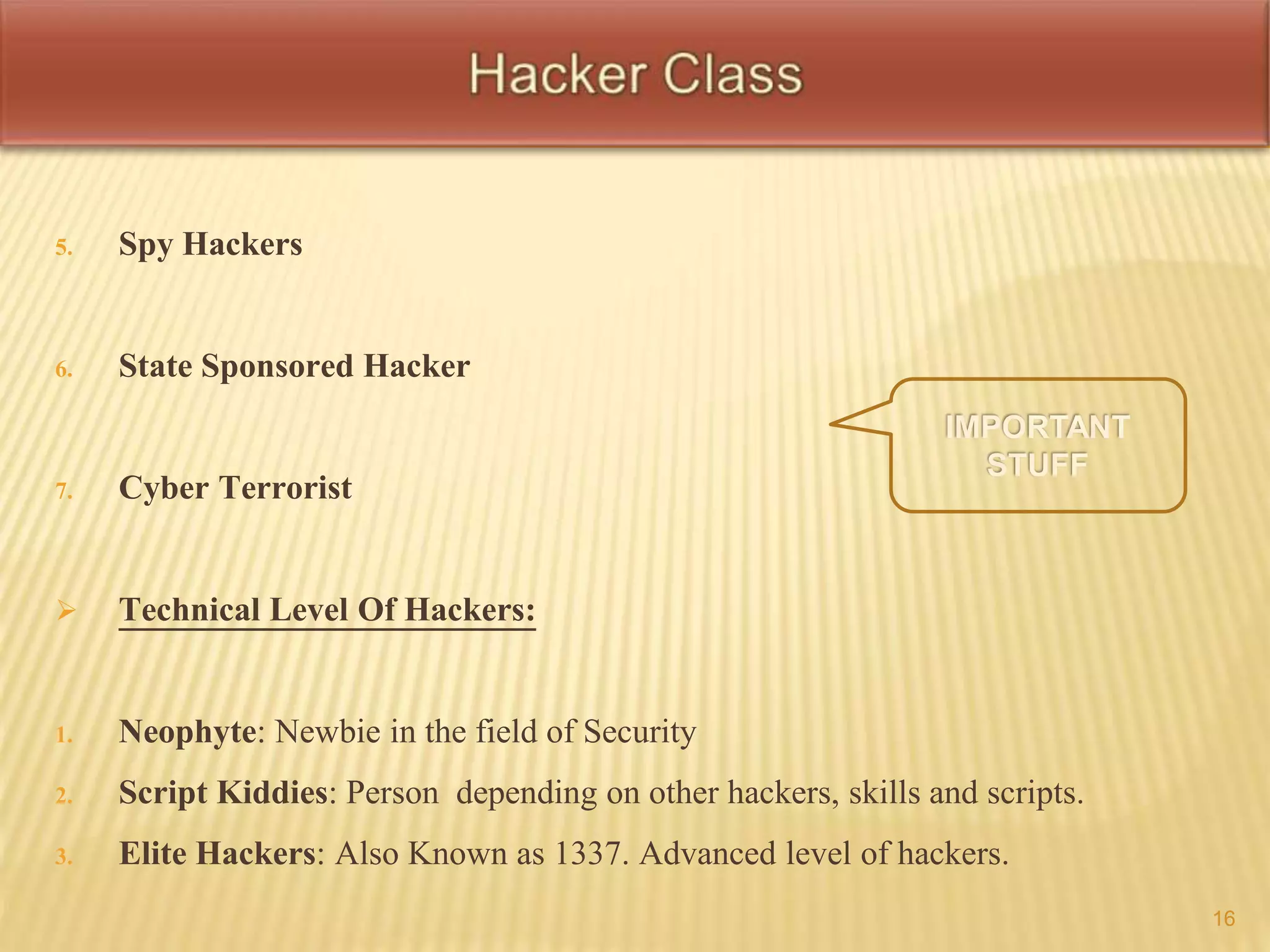 5. Spy Hackers 
6. State Sponsored Hacker 
7. Cyber Terrorist 
 Technical Level Of Hackers: 
1. Neophyte: Newbie in the field of Security 
2. Script Kiddies: Person depending on other hackers, skills and scripts. 
3. Elite Hackers: Also Known as 1337. Advanced level of hackers. 
16 
 