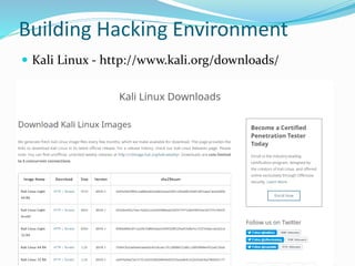 Building Hacking Environment
 Kali Linux - http://www.kali.org/downloads/
 