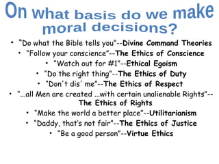 • “Do what the Bible tells you”--Divine Command Theories
• “Follow your conscience”--The Ethics of Conscience
• “Watch out for #1”--Ethical Egoism
• “Do the right thing”--The Ethics of Duty
• “Don't dis' me”--The Ethics of Respect
• “...all Men are created ...with certain unalienable Rights”--
The Ethics of Rights
• “Make the world a better place”--Utilitarianism
• “Daddy, that’s not fair”--The Ethics of Justice
• “Be a good person”--Virtue Ethics
 
